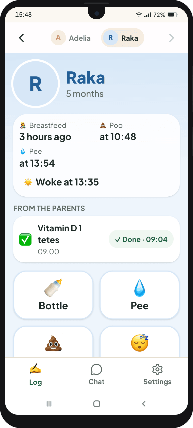 Raka, 5 months: Bottles of expressed milk or formula, wees, poos and naps. The usual bottle sizes are already saved.