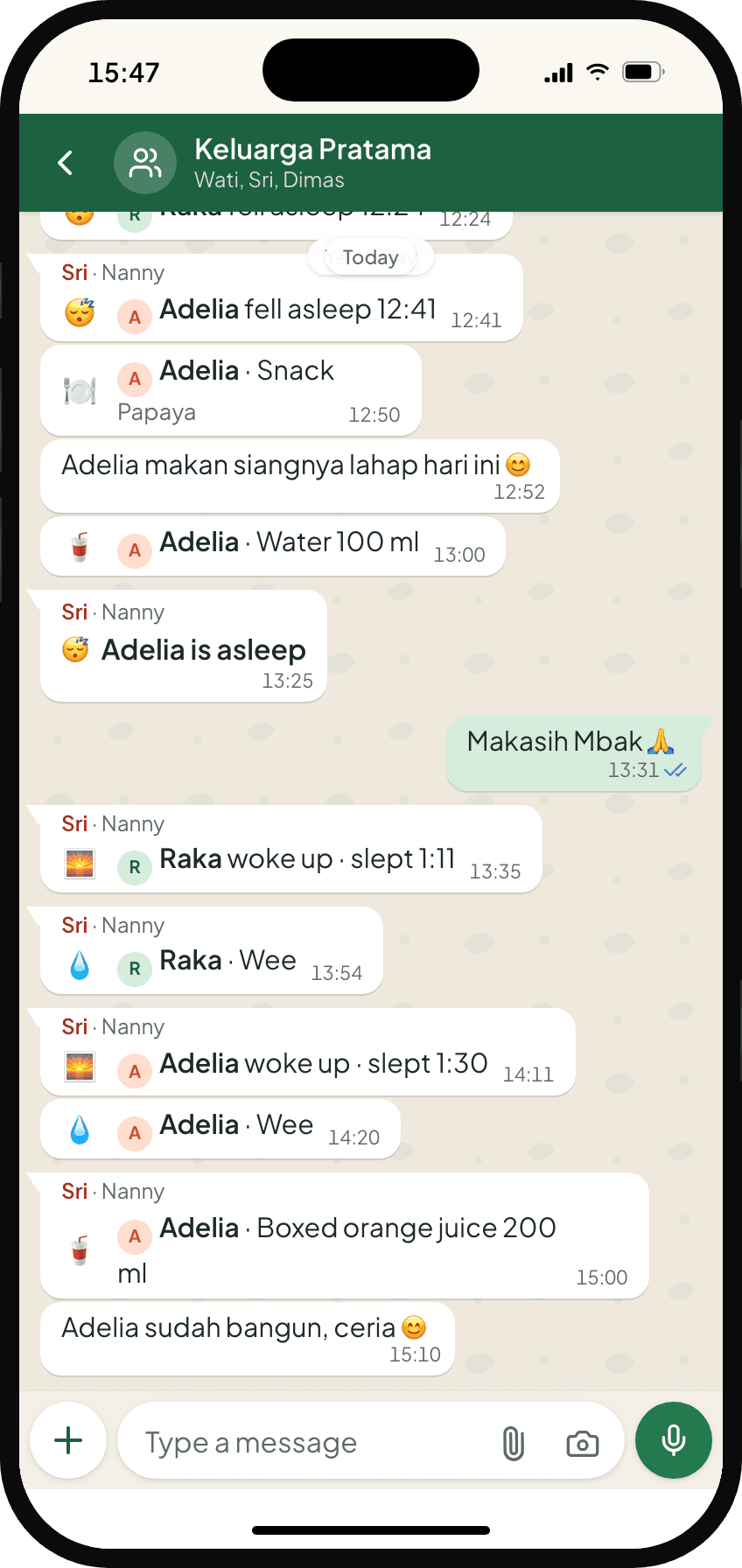 The family chat on a parent's iPhone, with activity cards from Sri