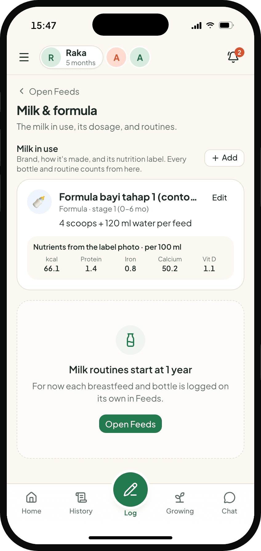 Milk & formula: the milk in use, the scoops, and nutrients per 100 ml from its label