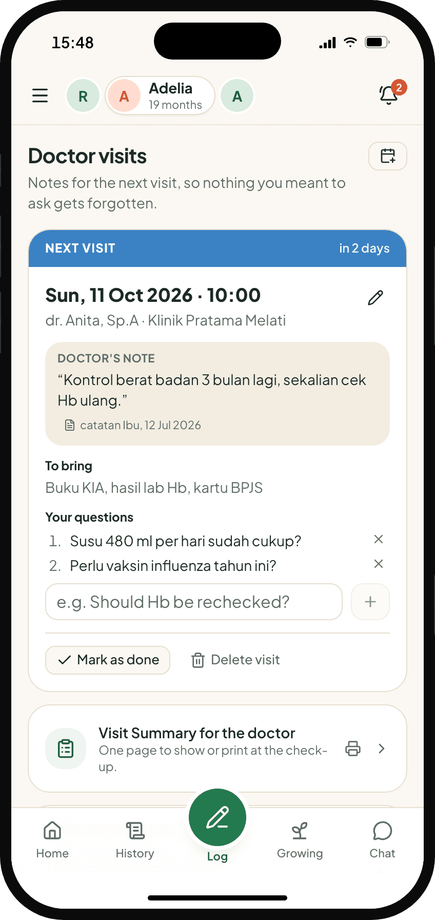 Next-visit note