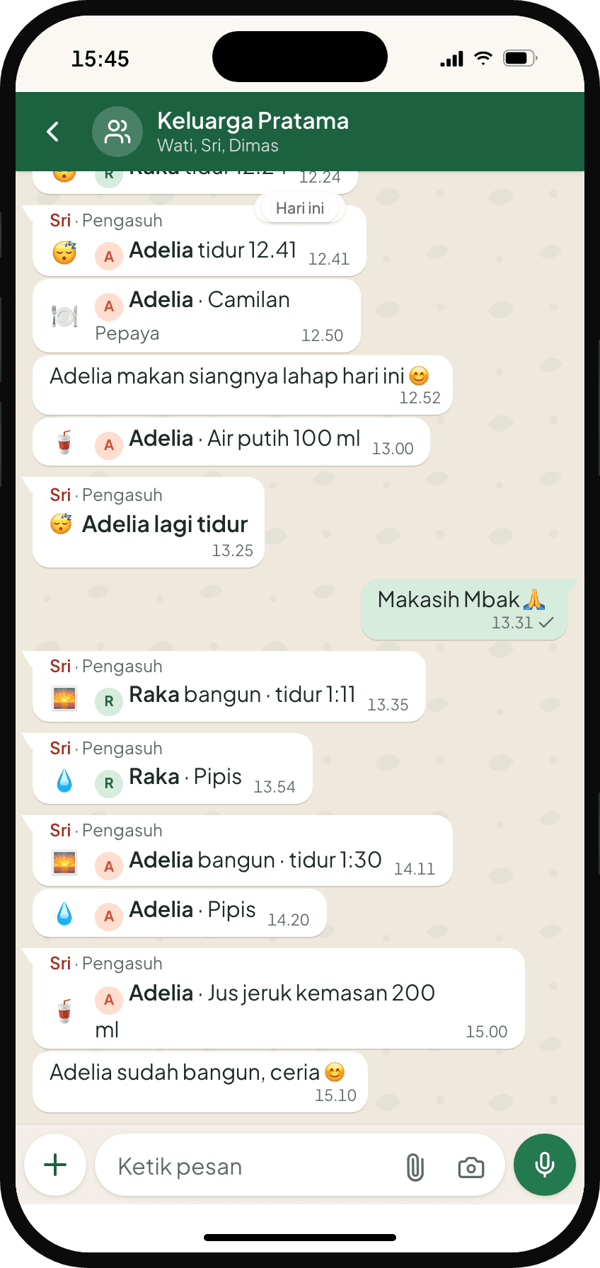Chat keluarga di iPhone Ibu, berisi kartu kegiatan dari Mbak Sri