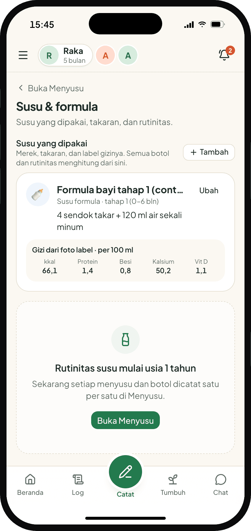 Susu & formula: susu yang dipakai, takaran, dan gizi per 100 ml dari labelnya